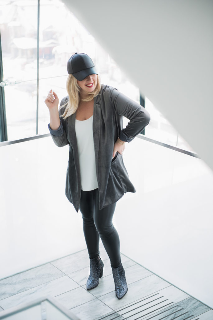 Ottawa Fashion Blogger Elvi Velvet Blazer Sparkle boots leather leggings